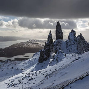 The Old Man of Storr after heavy snowfall, Isle of Skye, Scotland, UK. March 2015