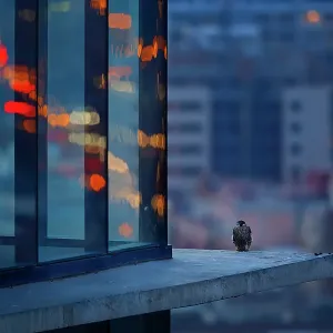 Peregrine falcon (Falco peregrinus) fledgling, perched on skyscraper window ledge at dusk, Torre Realia BCN, Barcelona, Catalonia, Spain. May Peregrine falcon (Falco peregrinus) fledgling, perched on skyscraper window ledge at dusk, Torre Realia BCN, Barcelona, Catalonia, Spain. May
