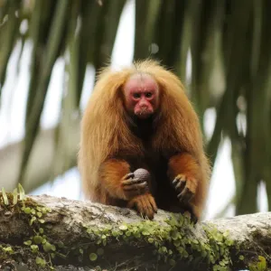 Peruvian red uakari monkey (Cacajao calvus ucayalii) eating aguaje palm fruits (Mauritia Peruvian red uakari monkey (Cacajao calvus ucayalii) eating aguaje palm fruits (Mauritia
