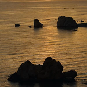 Petra tou Romiou (Aphrodites Rock) at sunset, Pissouri Bay, near Paphos, Cyprus