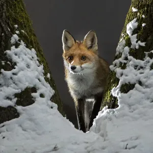 Red Fox Vixen Print: Snowy Night Scene in Vertes Mountains Red Fox Vixen Print: Snowy Night Scene in Vertes Mountains