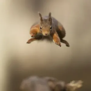 Red squirrel (Sciurus vulgaris) jumping towards camera. Scotland, UK. February Red squirrel (Sciurus vulgaris) jumping towards camera. Scotland, UK. February