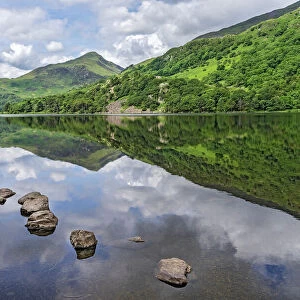 Reflections in Llyn Gwynant in the Glaslyn valley, looking west with Yr Aran mountain in