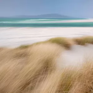 RF - Sand dunes with Marram grass (Ammophila arenaria) and beach at Seilebost beach, Isle of Harris, Scotland, UK. October