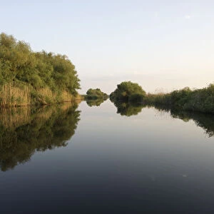 River Danube with reflections in water, Danube Delta Scenery, Romania, May 2009