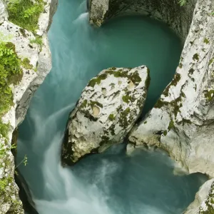 River Soca flowing through Velika korita showing erosion, Triglav National Park, Slovenia River Soca flowing through Velika korita showing erosion, Triglav National Park, Slovenia