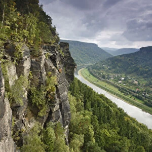 Rock face in forest with Elbe River, Elbe Landscape protected area, Ceske Svycarsko