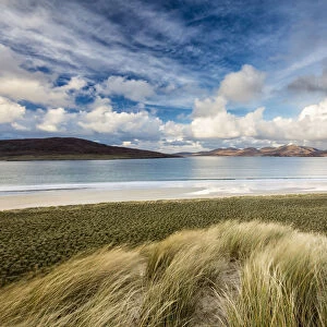Sand dunes at Luskentyre with view to Taransay. Isle of Harris, Outer Hebrides, Scotland, UK