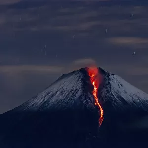 Sangay volcano erupting at night. Sangay National Park, Morona Santiago, Ecuador