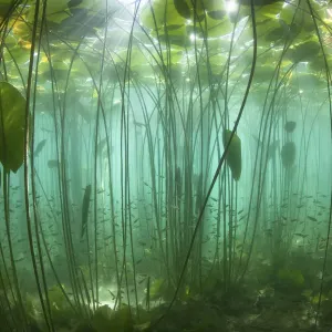 School of Perch Print amongst Water Lilies lit by Sunbeams School of Perch Print amongst Water Lilies lit by Sunbeams