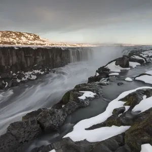 Selfoss Waterfall Print, Autumn Scene with Snow Selfoss Waterfall Print, Autumn Scene with Snow