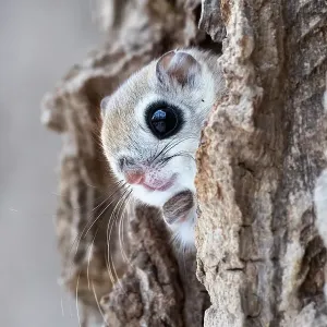 Siberian flying squirrel (Pteromys volans orii) peeking out from its nest, just before emerging for evening of foraging in treetops. Hokkaido, Japan. March Siberian flying squirrel (Pteromys volans orii) peeking out from its nest, just before emerging for evening of foraging in treetops. Hokkaido, Japan. March