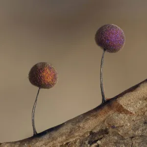 Slime mould (Lamproderma scintillans), super close up of sporangia growing along the edge