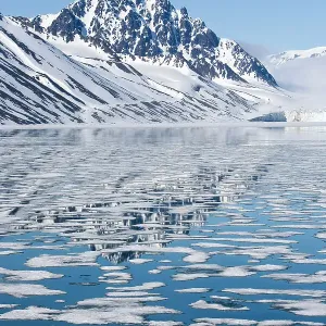 Snow-covered mountains reflecting on drifting and melting sea ice, Spitsbergen, Svalbard, Norway, Arctic Ocean. July, 2008 Snow-covered mountains reflecting on drifting and melting sea ice, Spitsbergen, Svalbard, Norway, Arctic Ocean. July, 2008