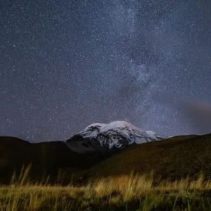 Pico nevado del volcán Chimborazo por la noche con parte de la Vía Láctea visible en el cielo encima, Parque Nacional Chimborazo, Chimborazo, Ecuador. Agosto 2022. Pico nevado del volcán Chimborazo por la noche con parte de la Vía Láctea visible en el cielo encima, Parque Nacional Chimborazo, Chimborazo, Ecuador. Agosto 2022.