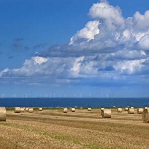Straw bales and field of stubble, Weybourne, Norfolk, UK August 2014