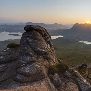Summer sunrise looking towards Cul Mor from Stac Pollaidh, Inverpolly, Highlands, Scotland. August, 2019