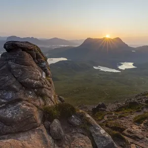 Summer sunrise looking towards Cul Mor from Stac Pollaidh, Inverpolly, Highlands, Scotland. August, 2019 Summer sunrise looking towards Cul Mor from Stac Pollaidh, Inverpolly, Highlands, Scotland. August, 2019