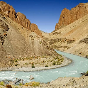 Tsarap River with pale blue water from glacial melt, and surrounding valley