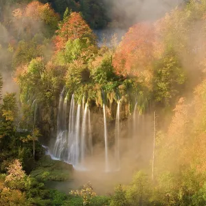 Veliki Prstavci waterfalls close to Gradinsko lake at dawn, Upper Lakes, Plitvice Lakes NP, Croatia, October 2008. WWE BOOK. WWE OUTDOOR EXHIBITION *PRESS IMAGE