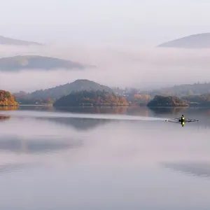 View over Derwentwater, towards Friars Crag in autumn colour and morning mist with lone rower. Near Keswick, The Lake District, Cumbria, UK. November 2016 View over Derwentwater, towards Friars Crag in autumn colour and morning mist with lone rower. Near Keswick, The Lake District, Cumbria, UK. November 2016