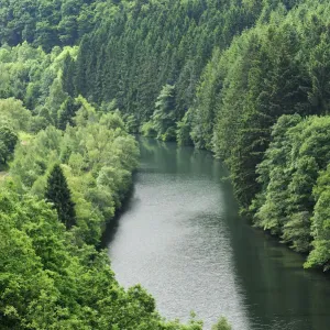 View from the Esch-Sur-Sre dam of the River Sauer flowing through a forest, Oesling View from the Esch-Sur-Sre dam of the River Sauer flowing through a forest, Oesling