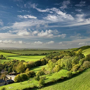 View over hills and farmland, Corton Denham, Somerset, England, UK. October, 2022