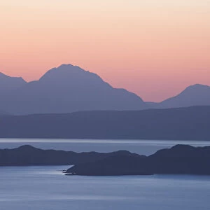 View from Isle of Skye across Sound of Rsay to Rona and Torridon Hills, at dawn