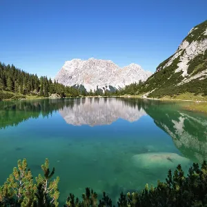 Print of Lake Seebensee landscape with Zugspitze and Wetterstein mountains Print of Lake Seebensee landscape with Zugspitze and Wetterstein mountains