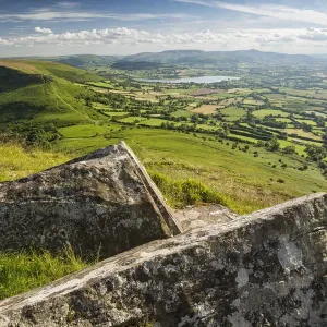 Print of Llangors village from Mynydd Troed hill, Brecon Beacons landscape
