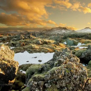 View looking out over lava field at dusk with mountains in the background, West Icelend, January 2013 View looking out over lava field at dusk with mountains in the background, West Icelend, January 2013