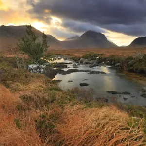 View looking towards Marsco, with stormy sky and the River Sligachan in foreground View looking towards Marsco, with stormy sky and the River Sligachan in foreground