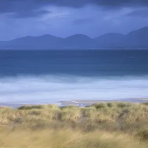 View across Sound of Taransay to North Harris hills in stormy weather, West Harris, Outer Hebrides, Scotland, UK, September 2014