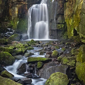 Waterfall tumbling over moss-covered boulders at Lumsdale, Derbyshire, UK, January 2012