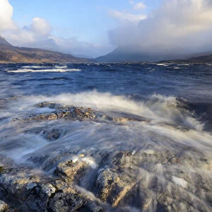Waves crashing on Loch Bad a Ghaill, Assynt, Highlands of Scotland, UK, January 2016
