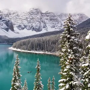 Wenkchemna Peaks or Ten Peaks rising over Moraine lake in the snow, near Lake Louise, Banff National Park, Alberta, Canada, 2007