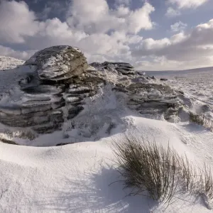 West Mill Tor, late evening light after snowfall, Dartmoor National Park, Devon, UK West Mill Tor, late evening light after snowfall, Dartmoor National Park, Devon, UK