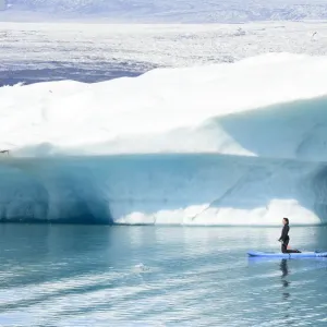 Woman paddling alongside curious Harbor seal (Phoca vitulina). Jokulsarlon Glacier Lagoon, Iceland. July Woman paddling alongside curious Harbor seal (Phoca vitulina). Jokulsarlon Glacier Lagoon, Iceland. July