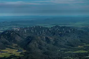 Environmental Issues Prints: Aerial of Mount Emerald wind farm , Arriga, Queensland, Australia. April, 2023