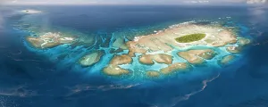 Aerial panorama of Maninita Island which sits atop an extensive coral reef structure, which is for the most part not visible from the surface of the ocean. The reefs extend into the smaller island of Fonuafo'ou in the background