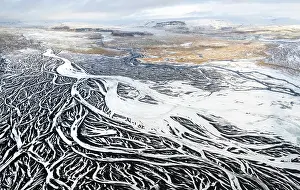Environmental Issues Prints: Aerial shot of Hverfisfljot glacier river branching out on the Skeidararsandur flood plains