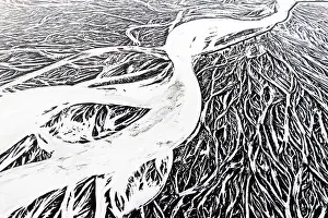 Environmental Issues Prints: Aerial shot of Hverfisfljota glacial river branching out on the Skeidararsandur flood plains