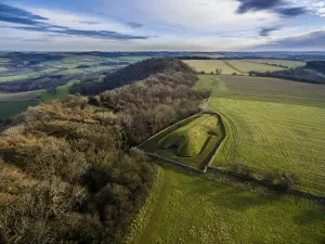 Aerial view of Belas Knap, a neolithic chambered long barrow on the Cotswold Way