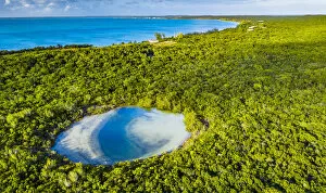 Aerial view of a blue hole on Eleuthera Island, Bahamas