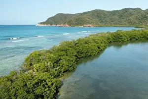 Colombia Prints: Aerial view of coastline and mangrove wetlands along Chengue Bay Tayrona National Park