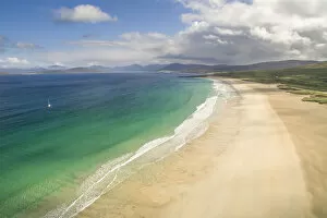 Images Dated 26th May 2022: Aerial view of coastline and Traigh Scarasta beach, Isle of Harris, Outer Hebrides, Scotland