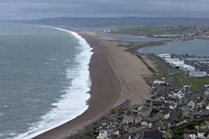 Shingle Prints: Aerial view of Fleet lagoon and Chesil Beach, Portland, Dorset, England, UK. April, 2024