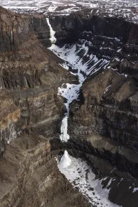 Asian Russia Gallery: Aerial view of frozen waterfalls in deep canyon in plateau, Putoransky State Nature Reserve