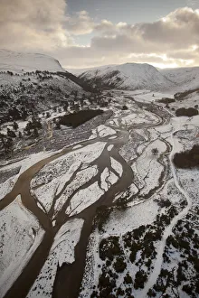 Aerial view over Glenfeshie in winter, Cairngorms National Park, Scotland, UK, January