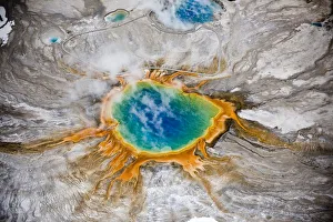 Aerial view of Grand Prismatic thermal spring in Yellowstone National Park, USA
